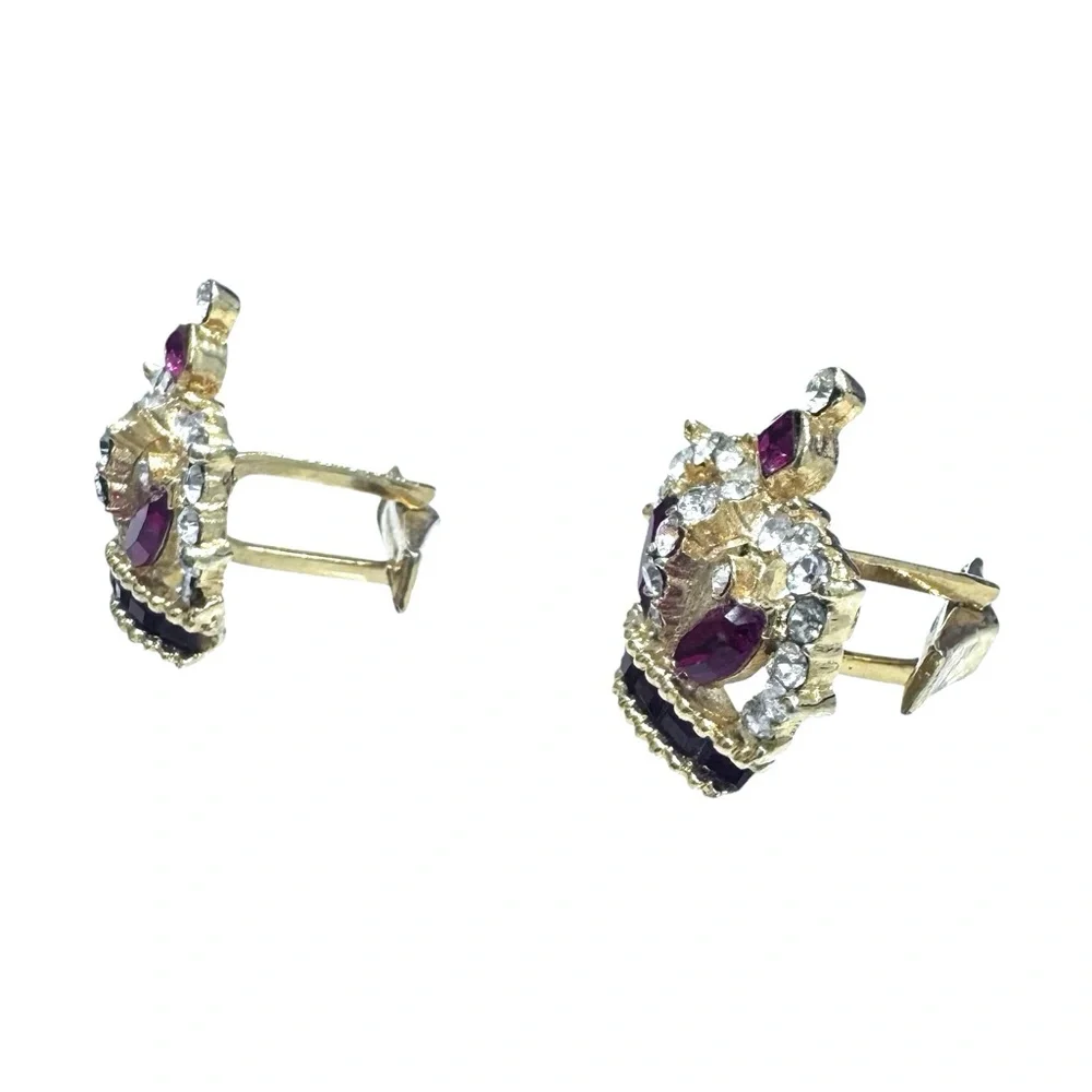 ROYAL CROWN RED AND CLEAR CRYSTAL GOLD TONE CUFFLINKS